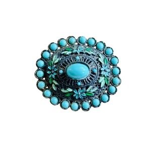 VTG Little Nemo L/M Art Deco Blue Rhinestone Paste Floral Brooch Pin Gilt 20s